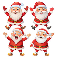 Four cheerful cartoon depictions of Santa Claus in various joyful poses with white background