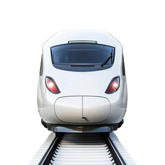 Front view of a high-speed train traveling on railway tracks. The train is sleek and modern in design. It looks fast. 