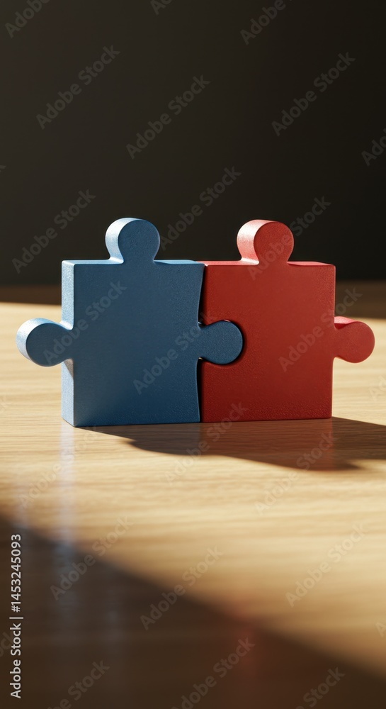 Poster interlocking puzzle pieces: symbol of unity, collaboration, and problem solving