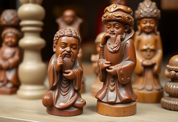 group of wooden figurines sitting on top of a table