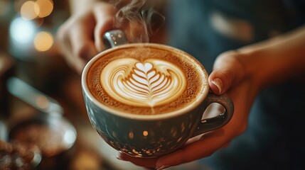 Aromatic cappuccino held delicately, intricate latte art design graces the surface
