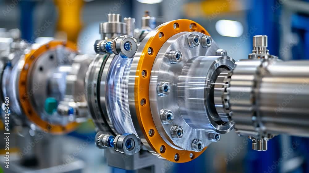 Poster close up of shiny industrial machine with bolts and orange flange, showcasing precision engineering 