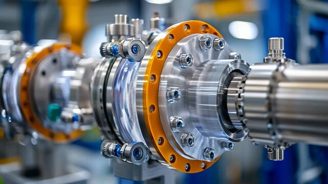 Close up of shiny industrial machine with bolts and orange flange, showcasing precision engineering in factory setting and intricate design.