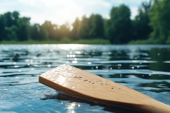 Wooden paddle resting on tranquil water, sunlit forest backdrop