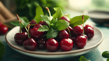 Freshly picked cherries paired with mint sprigs, artfully arranged on a pristine white plate for an elegant and refreshing fruit snack.