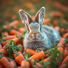 Very happy baby rabbit lying in a carrot field Generative AI