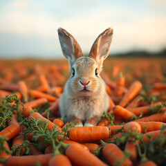 Very happy baby rabbit lying in a carrot field Generative AI