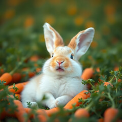Very happy baby rabbit lying in a carrot field Generative AI