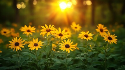 Obraz premium Golden flowers in a sunlit meadow.