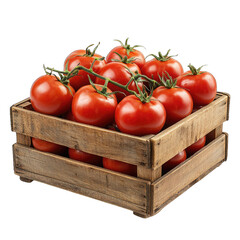 Ripe Red Tomatoes with Stems in Wooden Crate Fresh Produce Isolated Transparent Background