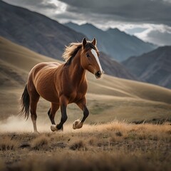 Obraz premium Potrait of nice mustang Horse while running, with beautiful scenery AI Generated Image
