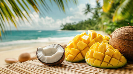 Fresh mango and coconut slices laid out on a bamboo mat by the sea, with palm trees swaying in the background