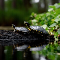Fototapeta premium Two small turtles bask on a log over water