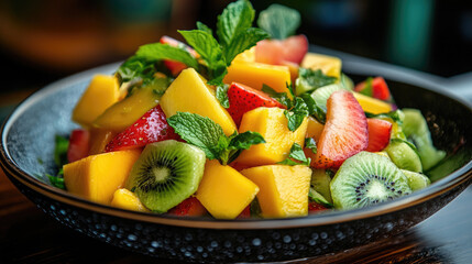 A vibrant tropical fruit salad of papaya, mango, and kiwi, garnished with mint leaves for a refreshing summer dish