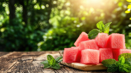 A refreshing summer dessert of fresh watermelon cubes and mint leaves, served on a wooden table under the sun