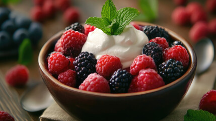 A refreshing bowl of fresh berries and mint, crowned with a dollop of whipped cream light, sweet, and perfect for a summer treat.
