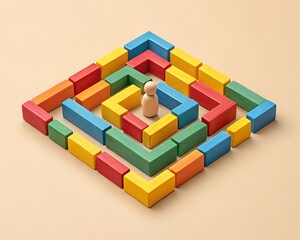 Navigating the Complexities of Life A Symbolic Representation of Challenges and Decision-Making Using Colorful Wooden Blocks and a Small Figurine in a Labyrinthine Pattern