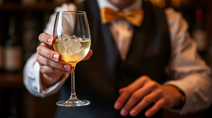 Sommelier presenting chilled white wine glass