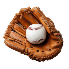 A baseball resting securely in a brown baseball glove. The ball and the glove are in a close-up shot, highlighting their texture and design