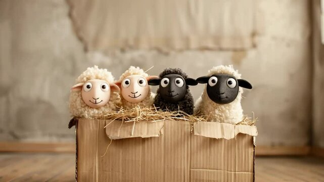 Four Sheep in a Box: Three fluffy sheep and one black sheep peek over the edge of a cardboard box filled with straw.  A heartwarming image.