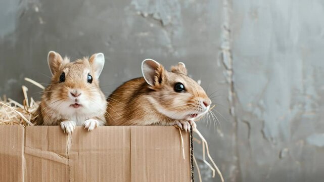 Adorable Gerbils in Cozy Box: Two cute gerbils nestled together in a cardboard box, looking curiously with their captivating eyes.