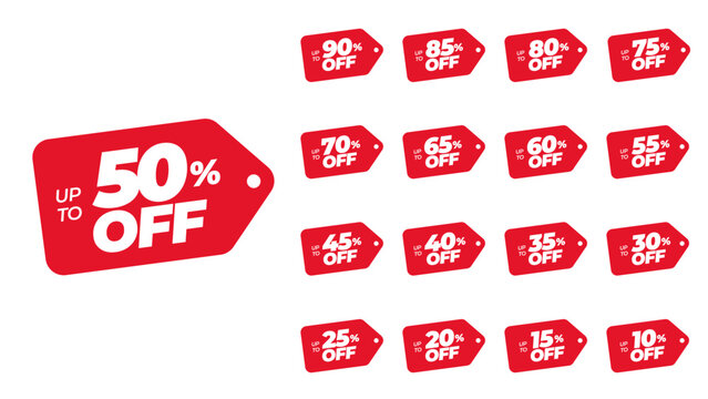 Promotion hold tag. Special offer discount on red tags shapes with different value percent off 90, 85, 80, 75, 70, 65, 60, 55, 50, 45, 40, 35, 30, 25, 20, 15, and 10%.