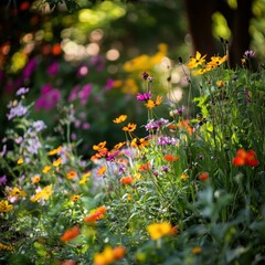 A vibrant garden full of colorful and blooming wildflowers in sunlight
