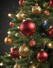 Obraz premium Close-up, colorful baubles adorn a richly decorated Christmas tree, twinkling lights , bokeh, festive, glitter