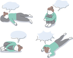 様々な体勢で考え事をしている女性の吹き出し付きイラストセット