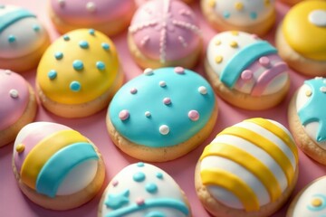 Obraz premium Brightly colored egg cookies, geometric icing designs, baked, lines