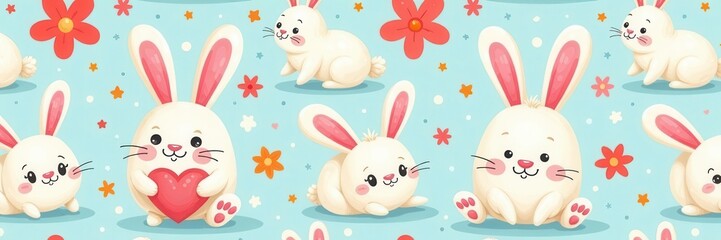 Playful bunny pattern, bright colors, whimsical style, design element, floral, summer