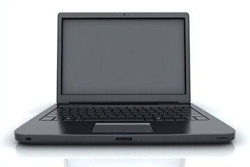Dark gray laptop, front view, on a white background  Features a blank screen, keyboard, and trackpad