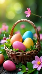 Naklejka premium Vibrant Easter eggs in woven baskets, nestled amongst spring blooms , natural, springtime, festive