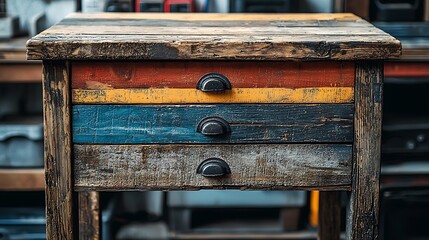 Rustic wooden table with colorful drawers in a workshop setting, tools in the background