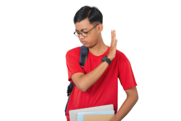 Young asian collage student doing stop gesture with serious expression isolated on white background