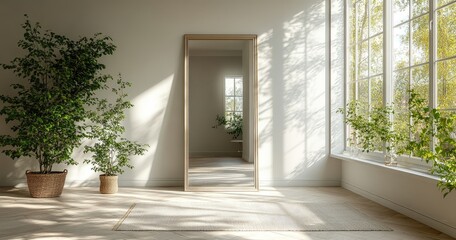 Obraz premium Sunlight streams into a spacious, airy interior with plants.