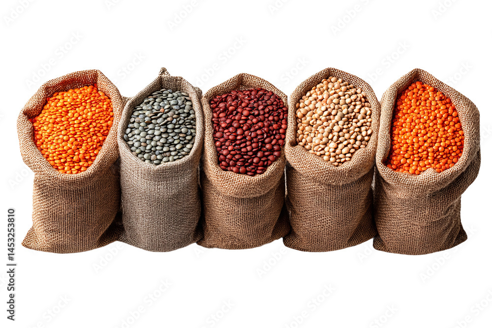 Aufkleber different type of lentils in burlap sacks, set against an isolated backdrop. featuring different col