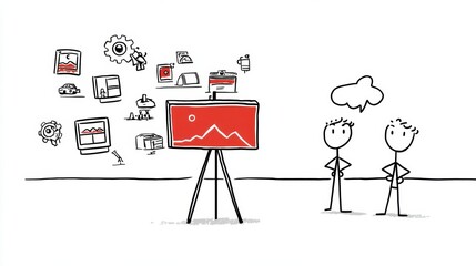 Two stick figure characters observing a presentation with various graphic elements displayed