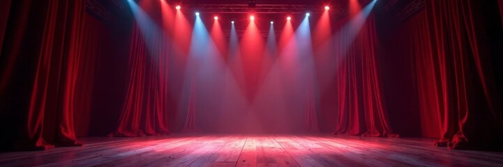 Empty circus stage, dramatic lighting, festive decorations, theatrical, dramatic