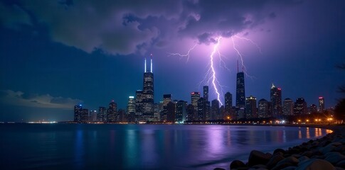 Fototapeta premium Chicago skyline, dramatic night lightning storm, clouds, flash