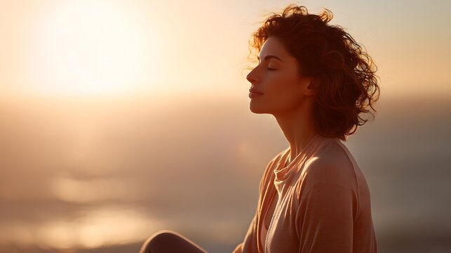 Serene woman meditating on a ledge at sunrise with a breathtaking view of nature and soft morning light