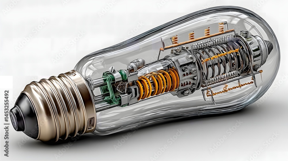 Poster unique light bulb with small engine inside representing energy efficiency and innovative design in p