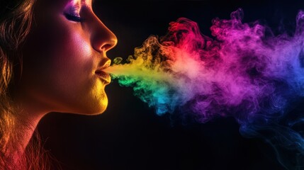 Woman exhales colorful smoke