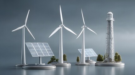 Realistic photography of two wind turbines isolated on a bright white background for renewable energy and sustainability