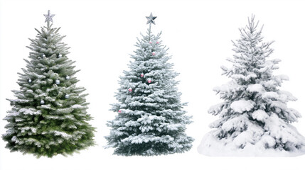 Christmas trees, winter decorations, holiday season, snow-covered tree, festive ornaments, golden star topper, seasonal celebration, decorated tree, snowy landscape, Christmas trio, winter holiday