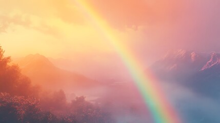 Vibrant rainbow arches over the foggy valley, casting light upon the distant mountain range