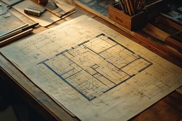 Architectural blueprints on a wooden table