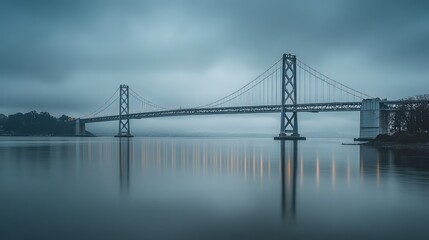Fototapeta premium Bay Bridge Under Cloudscape: A serene capture of architectural marvel over calm waters