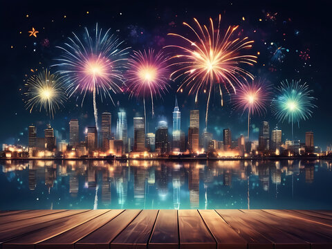 Colorful Fireworks Over City Skyline at Night with Reflections on Water and Wooden Deck – ai
