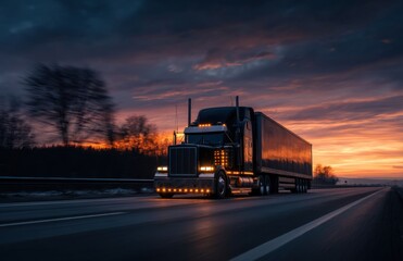 Drive Trailer Truck at Sunset, Evening Highway Transport with Commercial Transportation and Delivery